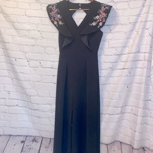 Sugar + Lips Black Floral Embroidered Ruffle Sleeve Jumpsuit Size X-Small
